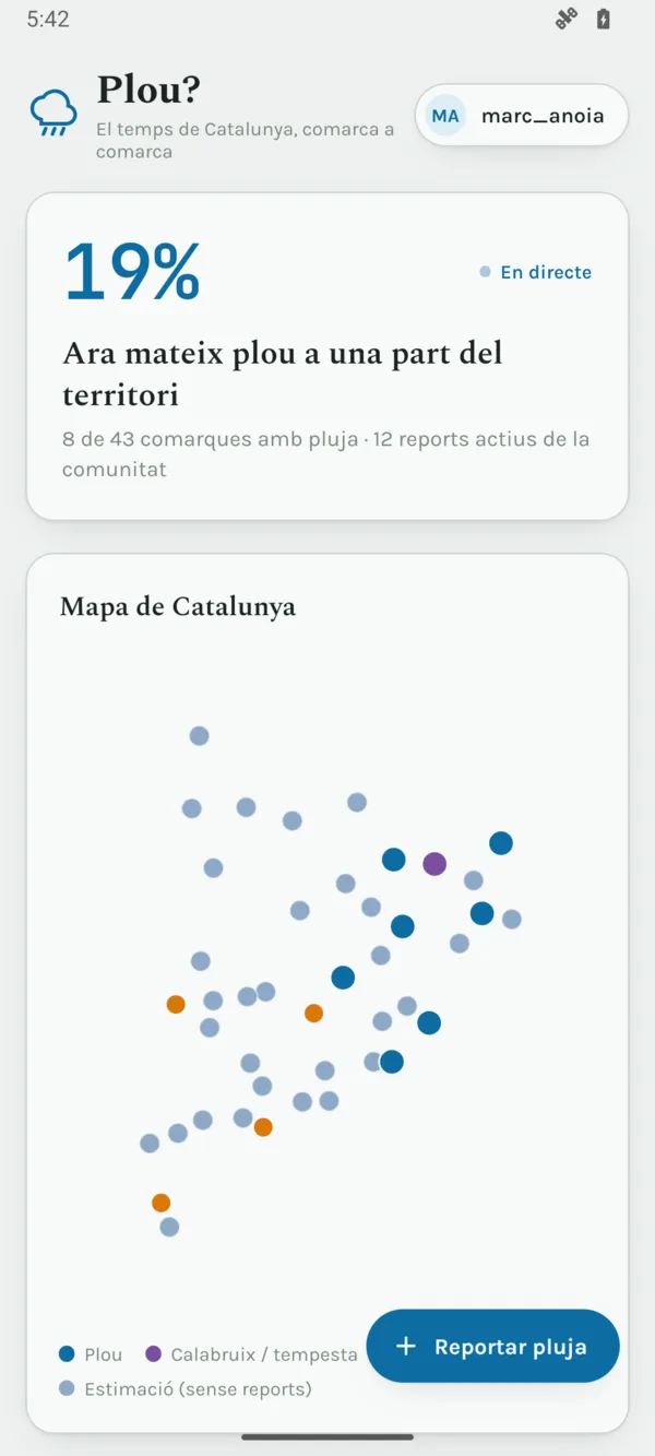 Pantalla principal de l'app amb el mapa de Catalunya i el percentatge de comarques on plou.