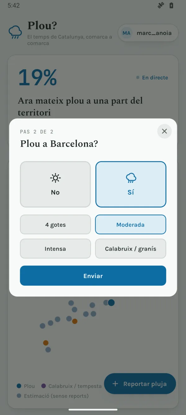 Pregunta «Plou a Barcelona?» amb les opcions No, Sí i les intensitats.