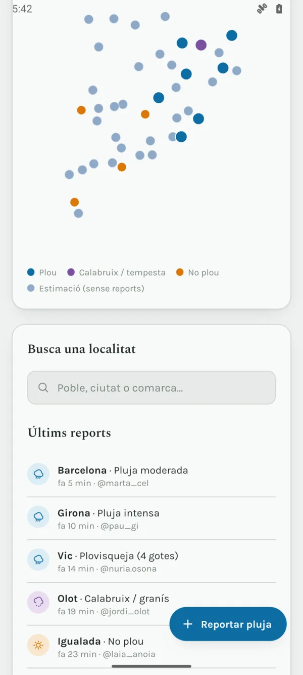 Llista dels últims reports de la comunitat, amb el poble, la intensitat i l'hora.